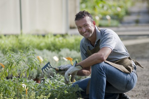 Garden maintenance team pruning and mowing a suburban lawn